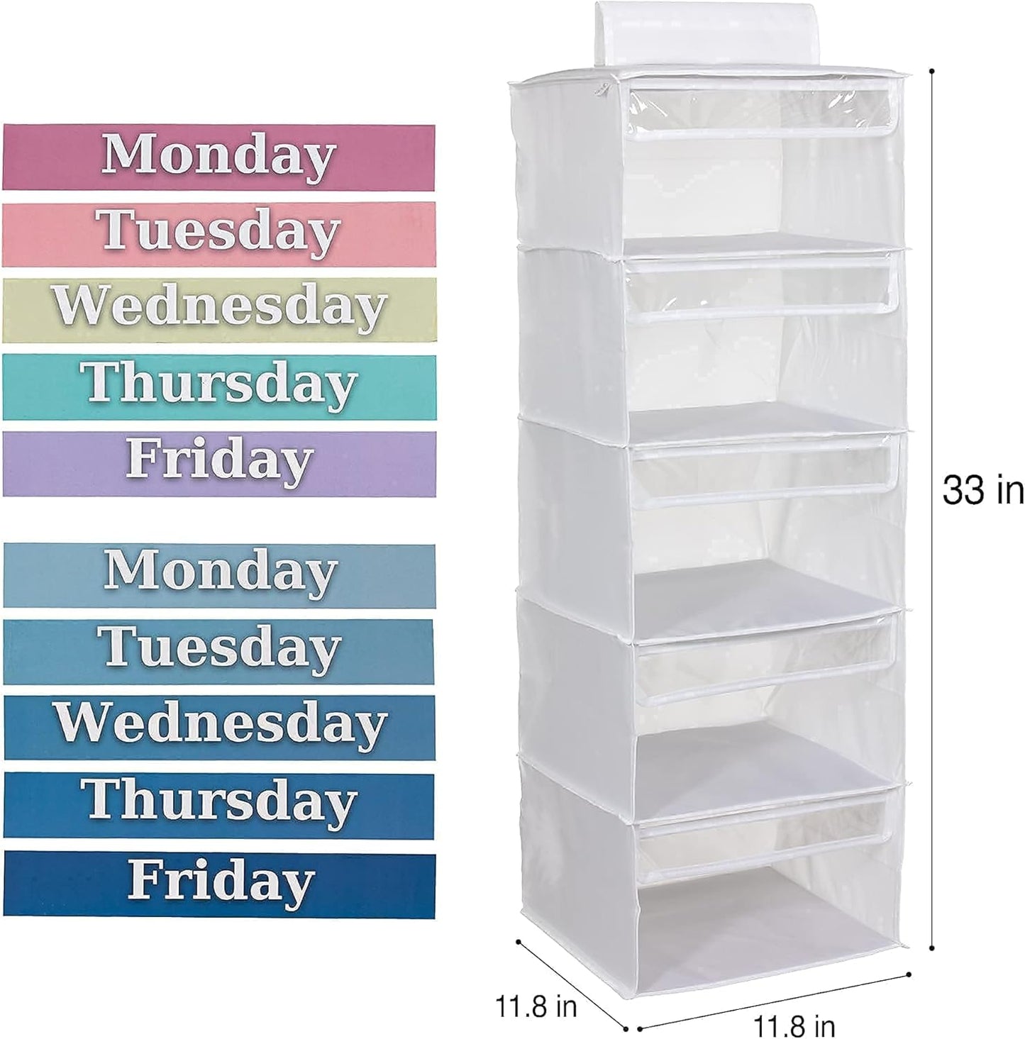 5-Shelf Weekly Clothes Organizer for Kids, 33-Inch Hanging Closet Storage Unit for School Outfits, Monday Through Friday Daily Clothing Divider for Boys and Girls